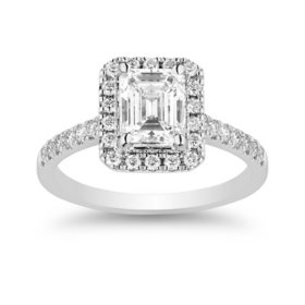 Superior Quality VS Collection 1.30 CT. T.W. Emerald Shaped Diamond Halo Ring in 18K White Gold (I, VS2)