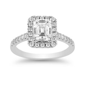 1.30 CT. T.W. Emerald Cut Diamond Halo Ring in 18K Gold