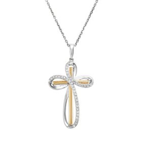 Diamond Cross Pendant in Sterling Silver and 14K Yellow Gold