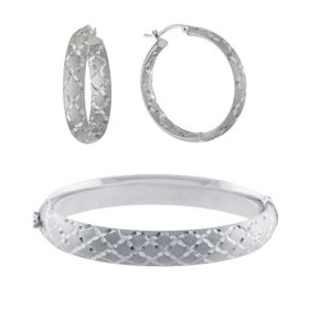 Sterling Silver Diamond Cut Pattern 35mm Hoops and 7” Bangle Set