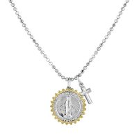 Sterling Silver & 14K Virgin Mary Medallion and Cross Charm Necklace, 18-20"
