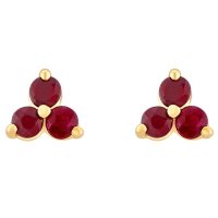 Genuine Ruby Cluster Earrings in 14K Yellow Gold