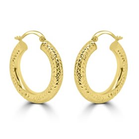 14K Yellow Gold Diamond Cut Hoop Earrings