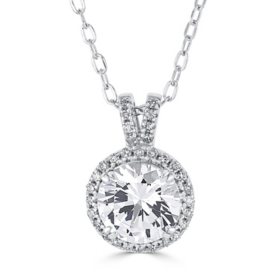 Lab Created White Sapphire with 0.11 CT. T.W. Diamond Halo Pendant in 14K Gold