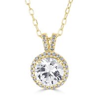 Lab Created White Sapphire with 0.11 CT. T.W. Diamond Halo Pendant in 14K Gold