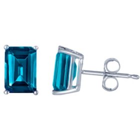 London Blue Topaz Emerald Cut Earrings in 14K White Gold
