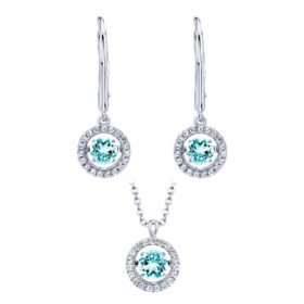 Dancing Aquamarine and Lab Created White Sapphire Pendant and Earring Set in Sterling Silver