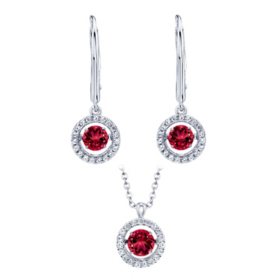 Dancing Lab Created Red Ruby Pendant and Earring Set in Sterling Silver