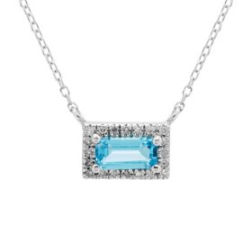 Blue Topaz and .06 CT. T.W. Diamond Baguette Pendant Necklace in 14K White Gold
