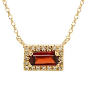 Garnet and .06 CT. T.W. Diamond Baguette Pendant Necklace in 14K Gold