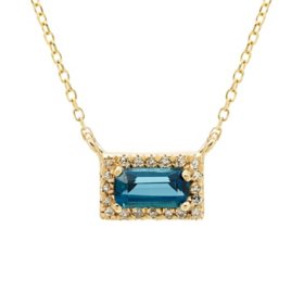 London Blue Topaz and .06 CT. T.W. Diamond Baguette Pendant Necklace in 14K Gold