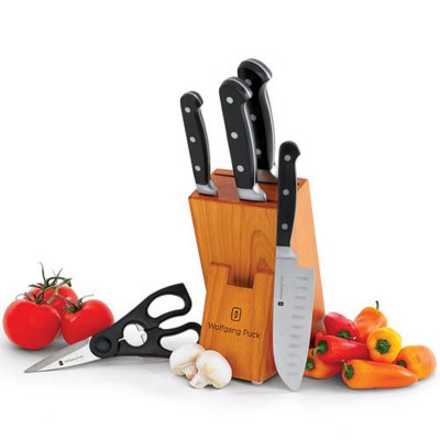 Wolfgang Puck 6-Piece Stainless Steel Knife Set with Knife Block; Carbon  Stainless Steel Blades and Ergonomic Handles; Blonde Wood Block with  Acrylic Safety Shield; Chef Quality Cutlery and Knife Set 