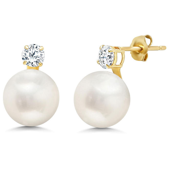 10mm Freshwater Pearl and White Topaz Stud Earrings in 14K Yellow Gold