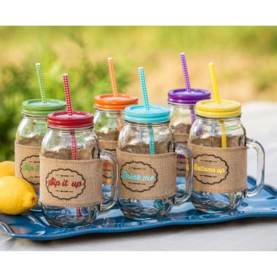 Deco Glass Drinking Mason Jar Cups with Handle & Wooden Carrier with  Reusable Straws, Lids & Handles Set of 6, 16oz