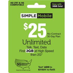 Simple Mobile Prepaid $25 Email Delivery Phone Card