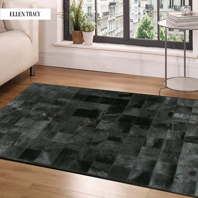 Black Square Tile Cowhide Rug (9' x 6')