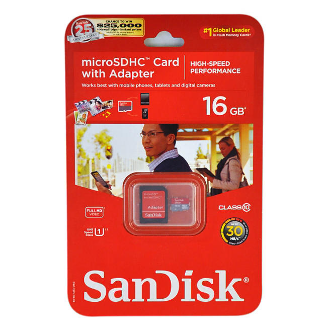 SanDisk 16GB Micro SDHC Class 10 Memory Card with Adapter