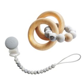 Tiny Teethers Designs Silicone and Beech Teething Rattle and Pacifier Clip (Choose Your Color)