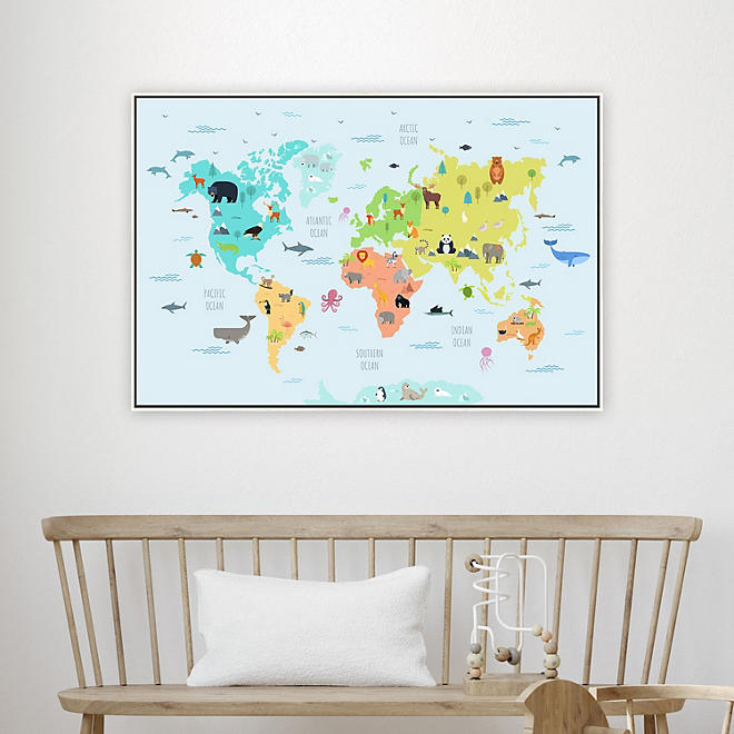 Animal Pals Around The World Framed Canvas Art Map, White & Blue