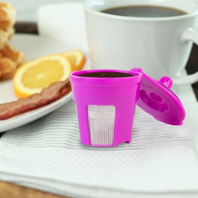 Perfect Pod Cafe Fill Value Pack with 2 Reusable K-Cup Pods +200 Cafe Filters Coffee Filters + EZ-Scoop Integrated Scoop with Funnel, Pink. Purple.