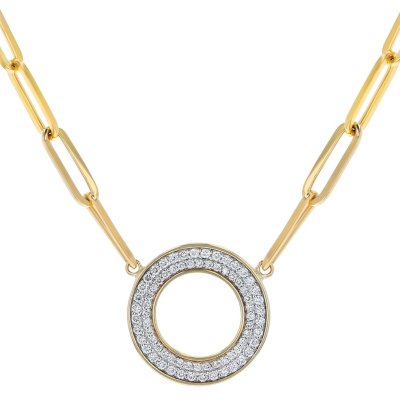 Pave Diamond Oversized Clasp Pendant Necklace Yellow Gold