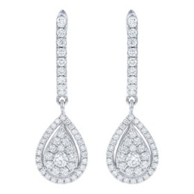 0.96 CT. T.W. Round Cut Pear Shape Halo Diamond Dangle Earrings in 14K Gold