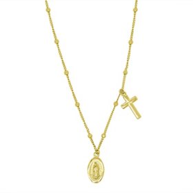 14K Yellow Gold Lady of Guadalupe and Cross Necklace, 16"