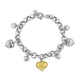 Italian Sterling Silver and 14K Yellow Gold Heart Charm Bracelet, 8"