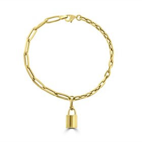 Half Paperclip & Half Cable Chain Bracelet With Padlock Charm Dangle in 14K Gold, 7.75”