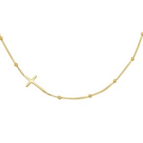 Sideway Cross Beaded Station Chain Necklace in 14K Gold