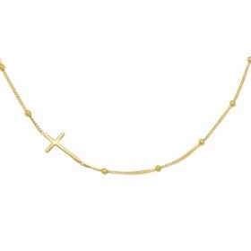 Sideway Cross Necklace on High Polish Beaded Station Chain in 14K Yellow Gold, Adj 16”-18” with Lobster Clasp