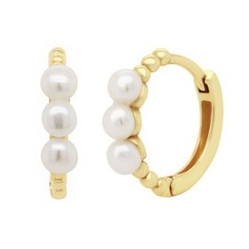 Gold Beaded Huggie Hoop Earrings with Freshwater Cultured Pearls in 14K Yellow Gold