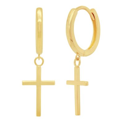 High Polish Dangle Cross Drop Endless Hoop Earrings in 14K Yellow Gold ...