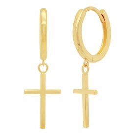 High Polish Dangle Cross Drop Endless Hoop Earrings in 14K Yellow Gold