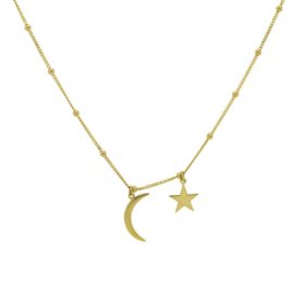 14K Gold Moon and Star Choker with Beads, 20"