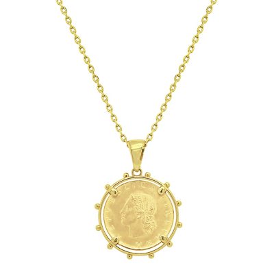 14K Italian Yellow Gold Replica Lira Coin Pendant Necklace 16 18