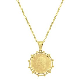 14K Italian Yellow Gold Replica Lira Coin Pendant Necklace, 16-18"  