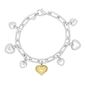 Italian Sterling Silver 6 Hearts & 14K Heart Charm Paperclip Bracelet, 8"  