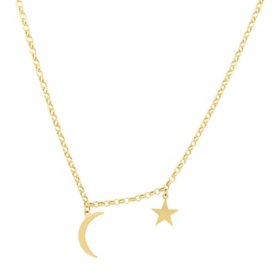 14K Yellow Gold Moon and Star Dangle Necklace,16-18"
