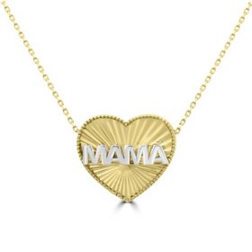 14K Two Tone Gold Mama Diamond Cut Heart Pendant, 16-18"