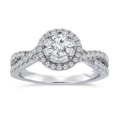 0.95 CT. T.W. Round & Baguette Diamond Bridal Ring in 14K White Gold- 7:- 7