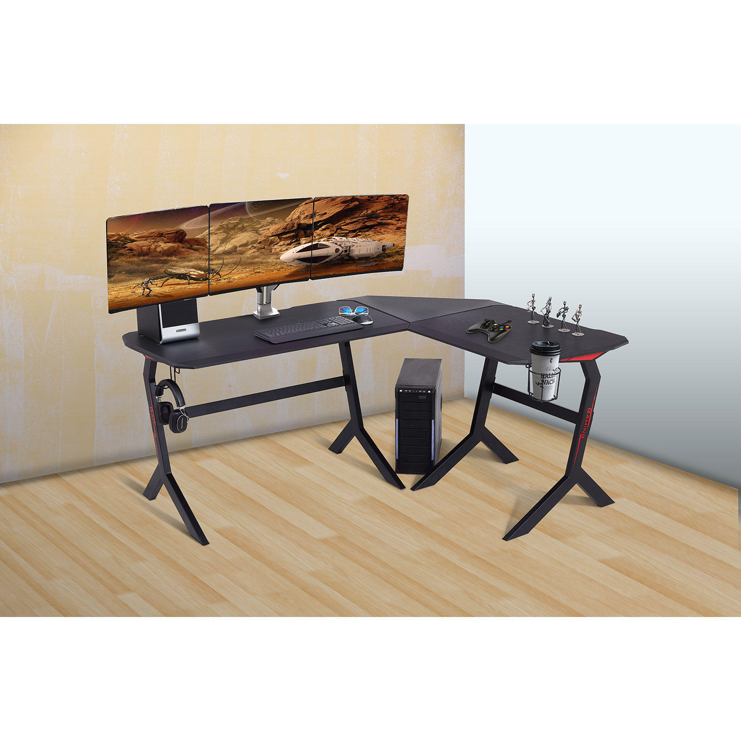 L-Shaped Gaming Desk for 3 Monitors, 69“ x 55″
