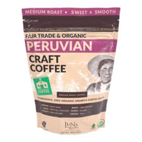 Luna Roasters Organic Peruvian Whole Bean Coffee, Medium Roast, 30 oz.