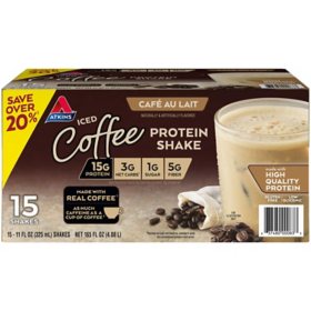 Atkins 15g Iced Coffee Protein Shake, Café Au Lait 11 fl. oz., 15 pk.
