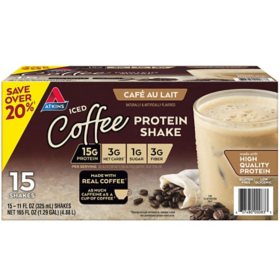 Atkins 15g Iced Coffee Protein Shake, Café Au Lait 11 fl. oz., 15 pk.