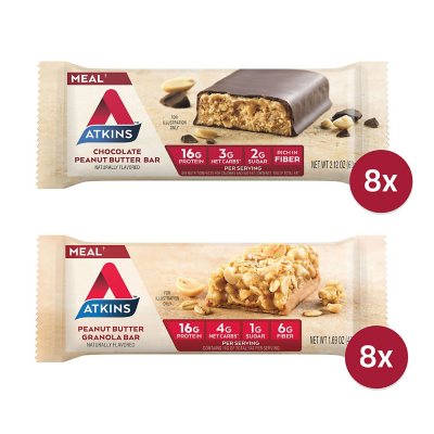 Atkins Chocolate Peanut Butter Meal Bars and Peanut Butter Granola Meal  Bars Variety Pack (16 ct.)