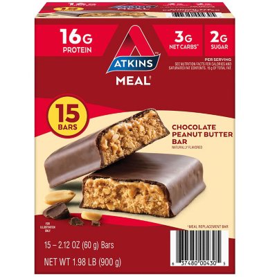 Atkins Chocolate Peanut Butter Meal Bars, High Fiber, 16g Of Protein 15 