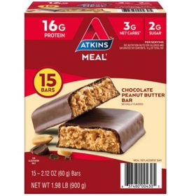 Atkins Chocolate Peanut Butter Meal Bars, High Fiber, 16g of Protein 15 ct.