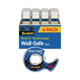 Wall-Safe Tape with Dispenser, 1" Core, 0.75" x 54.17 ft, Clear, 4 Pack