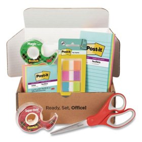 Office Essentials Kit, 7 Pads Assorted Super Sticky Notes, 1 Pack Flags, Roll Magic Tape, Roll Super-Hold Tape, 1 Scissors